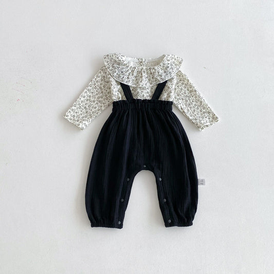 Spring and Autumn Baby Kids Girls Floral Long Sleeves Top and Plain Sleeveless Overalls Clothing Set