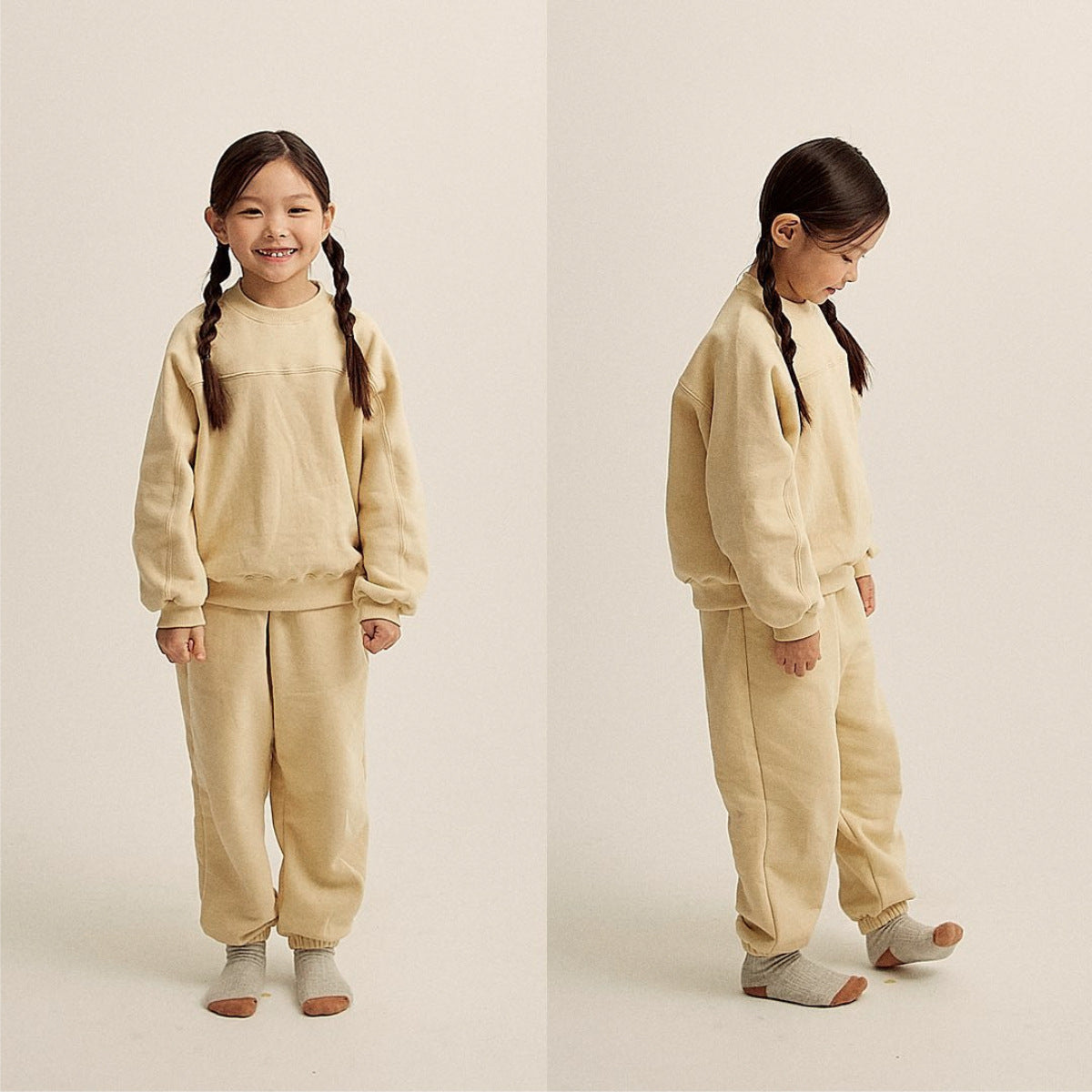 Spring Baby And Kids Unisex Solid Color Pullover Top And Pants Clothing Set