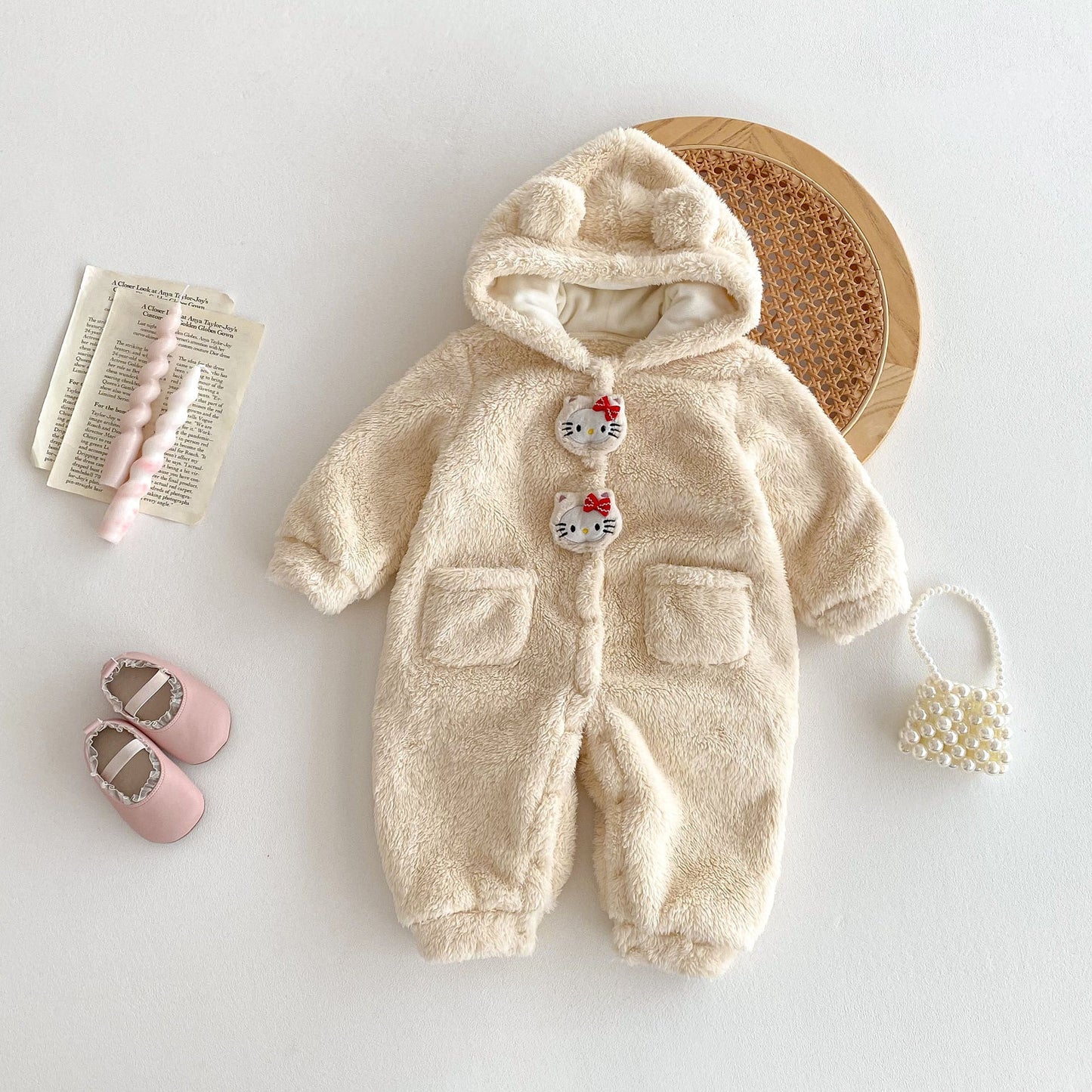 Winter Arrival Baby Cute Teddy Hooded Design Warm Fleece Rompers