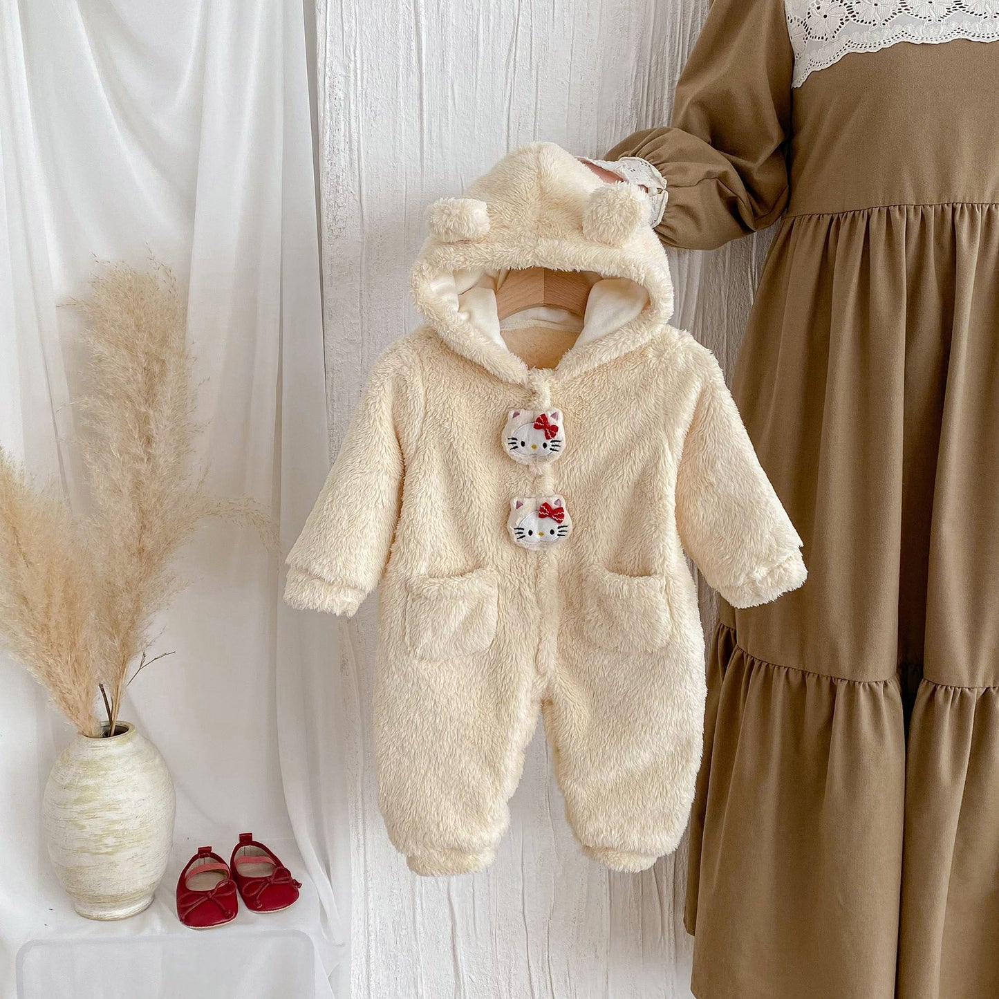 Winter Arrival Baby Cute Teddy Hooded Design Warm Fleece Rompers