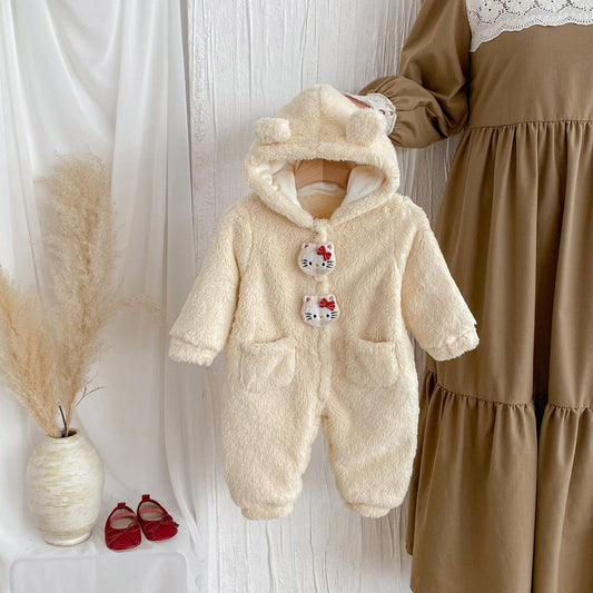 Winter Arrival Baby Cute Teddy Hooded Design Warm Fleece Rompers