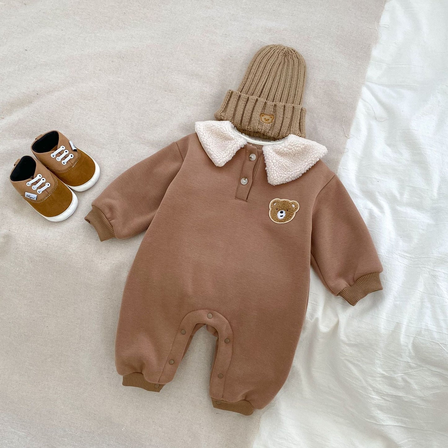 Winter Baby Unisex Bear Head Design Thicken Long Sleeve Romper