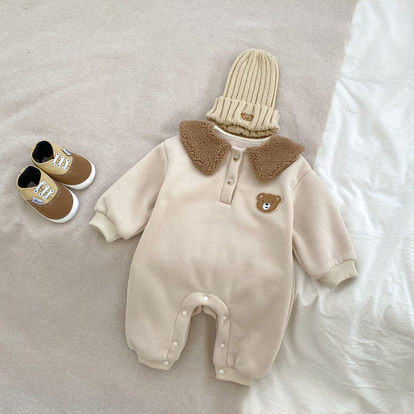 Winter Baby Unisex Bear Head Design Thicken Long Sleeve Romper