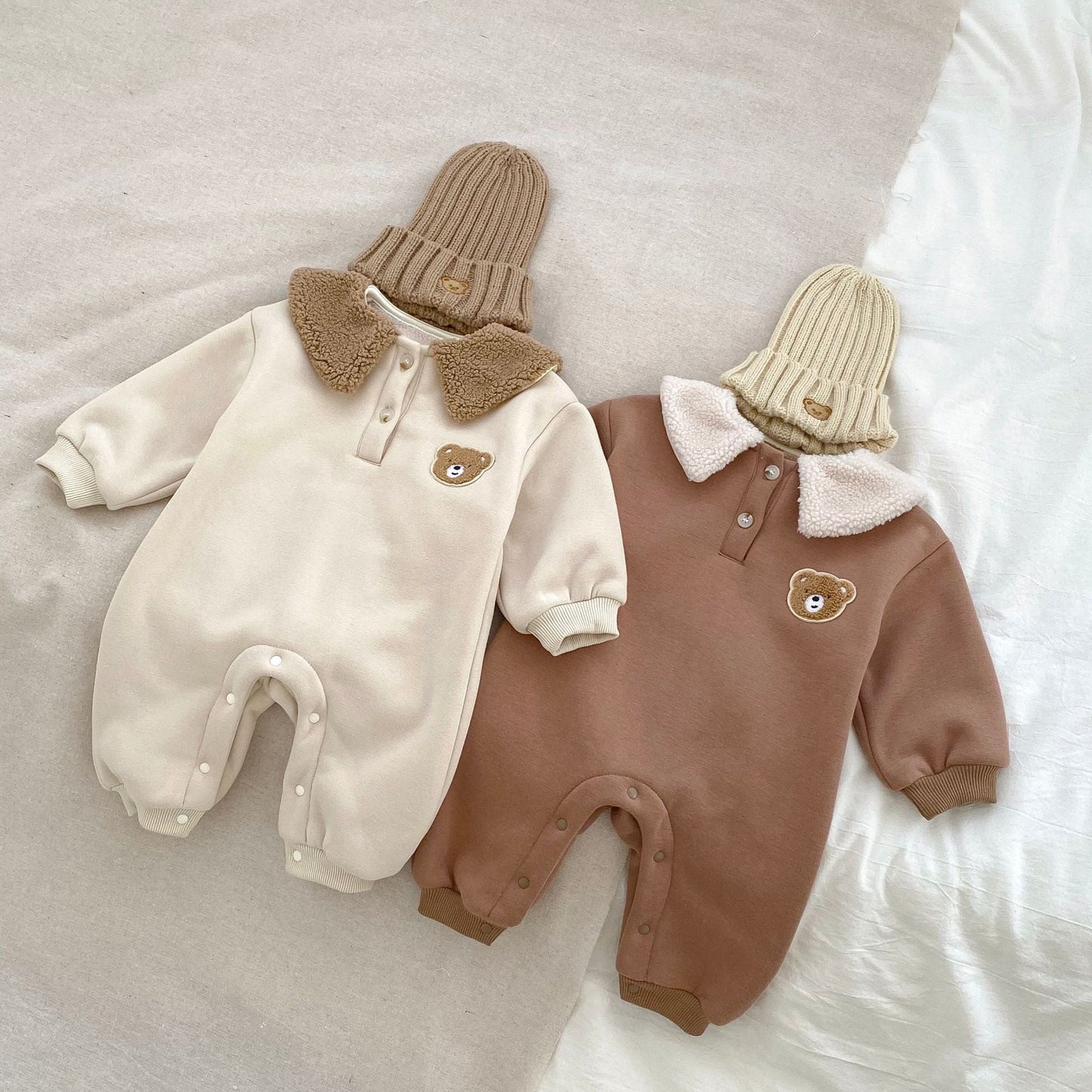 Winter Baby Unisex Bear Head Design Thicken Long Sleeve Romper